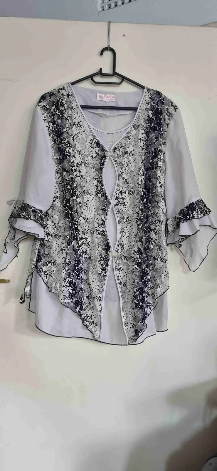 Jin Taiyang Floral Lace Overlay Blouse Grey XL