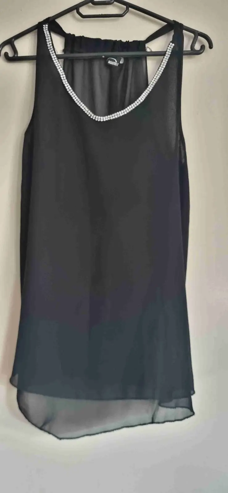 Modern Black Rhinestone Neckline Sleeveless Top