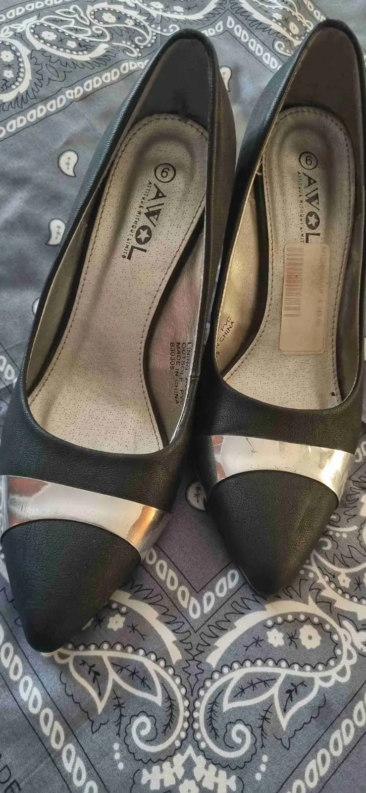 AWOL Black Heels with Silver Toe Caps Size 6