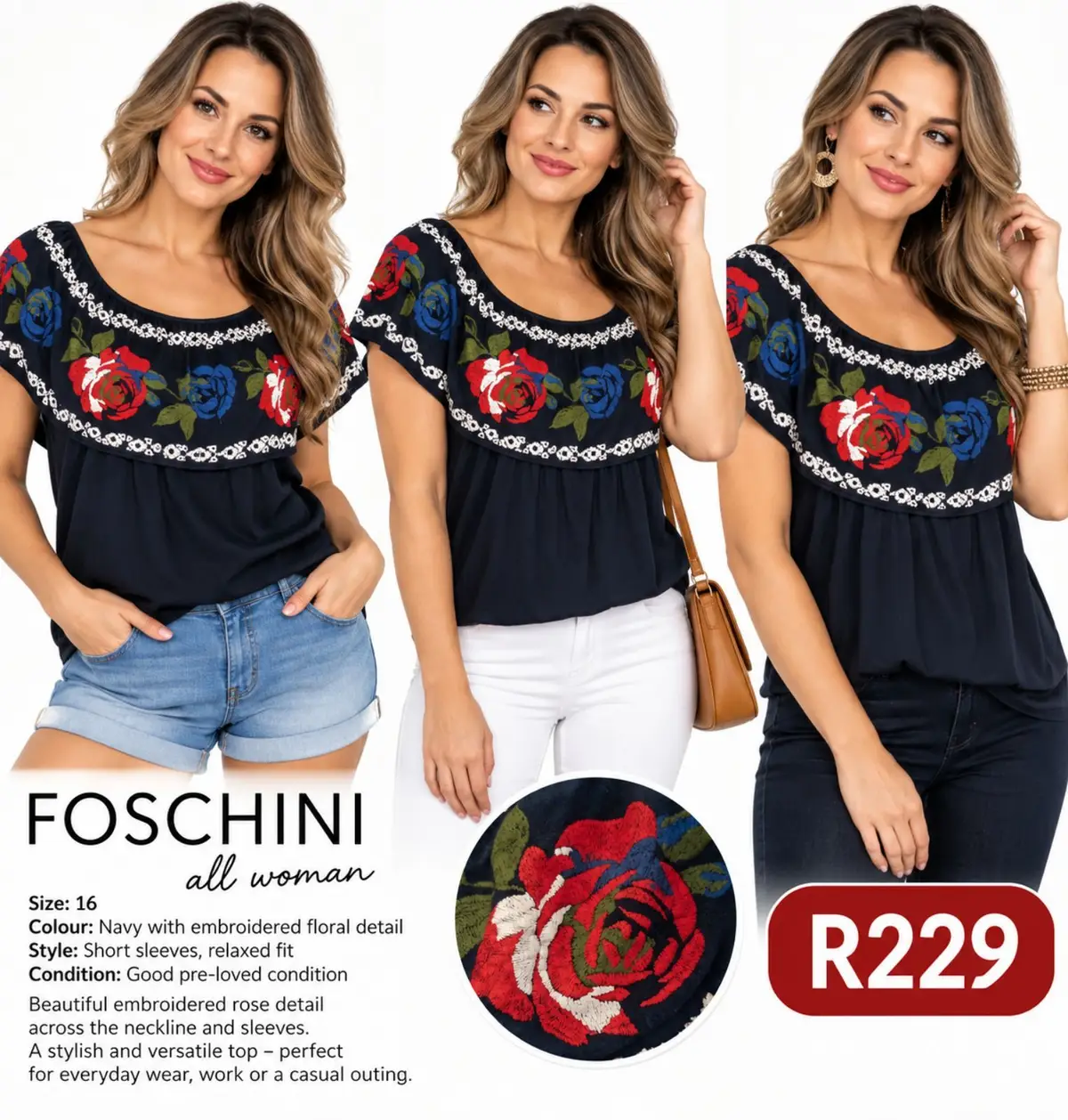 Foschini Navy Embroidered Floral Neckline Top