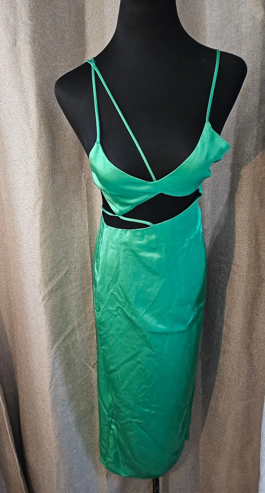 Zara Green Satin Cutout Midi Dress