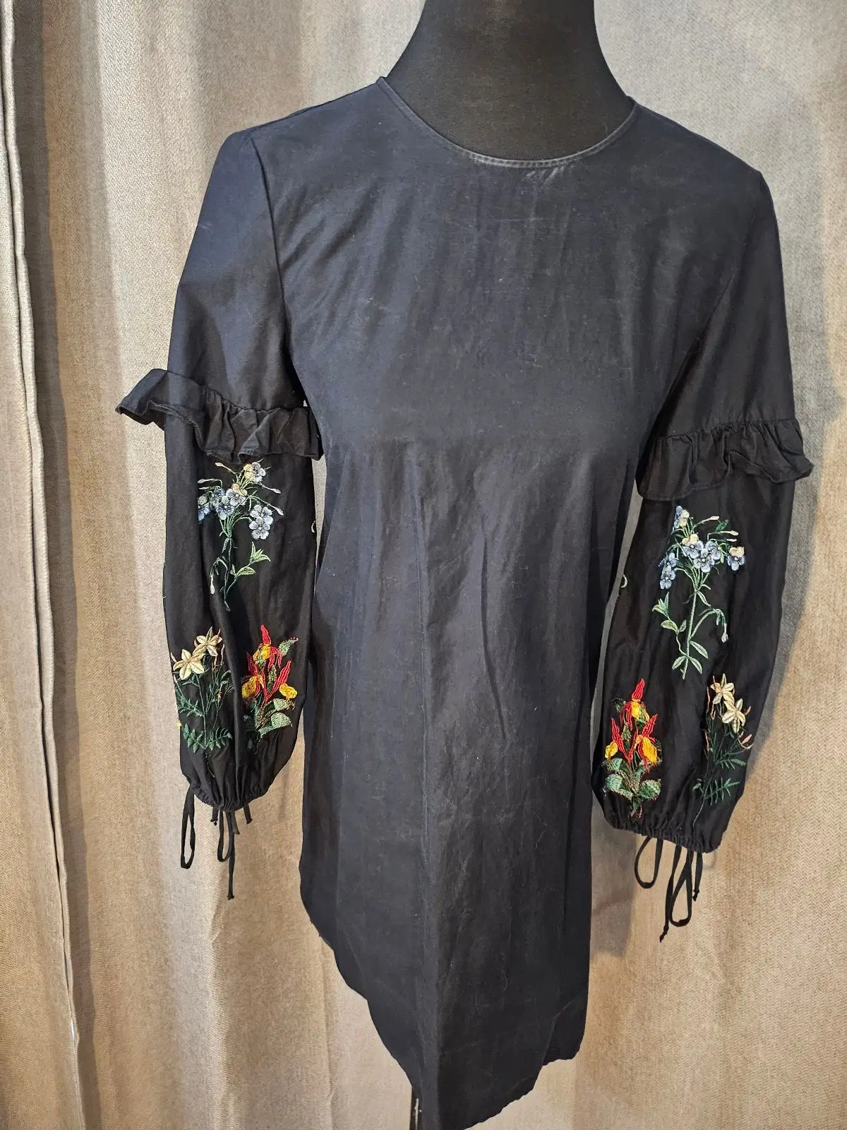 Zara Black Dress with Floral Embroidered Sleeves
