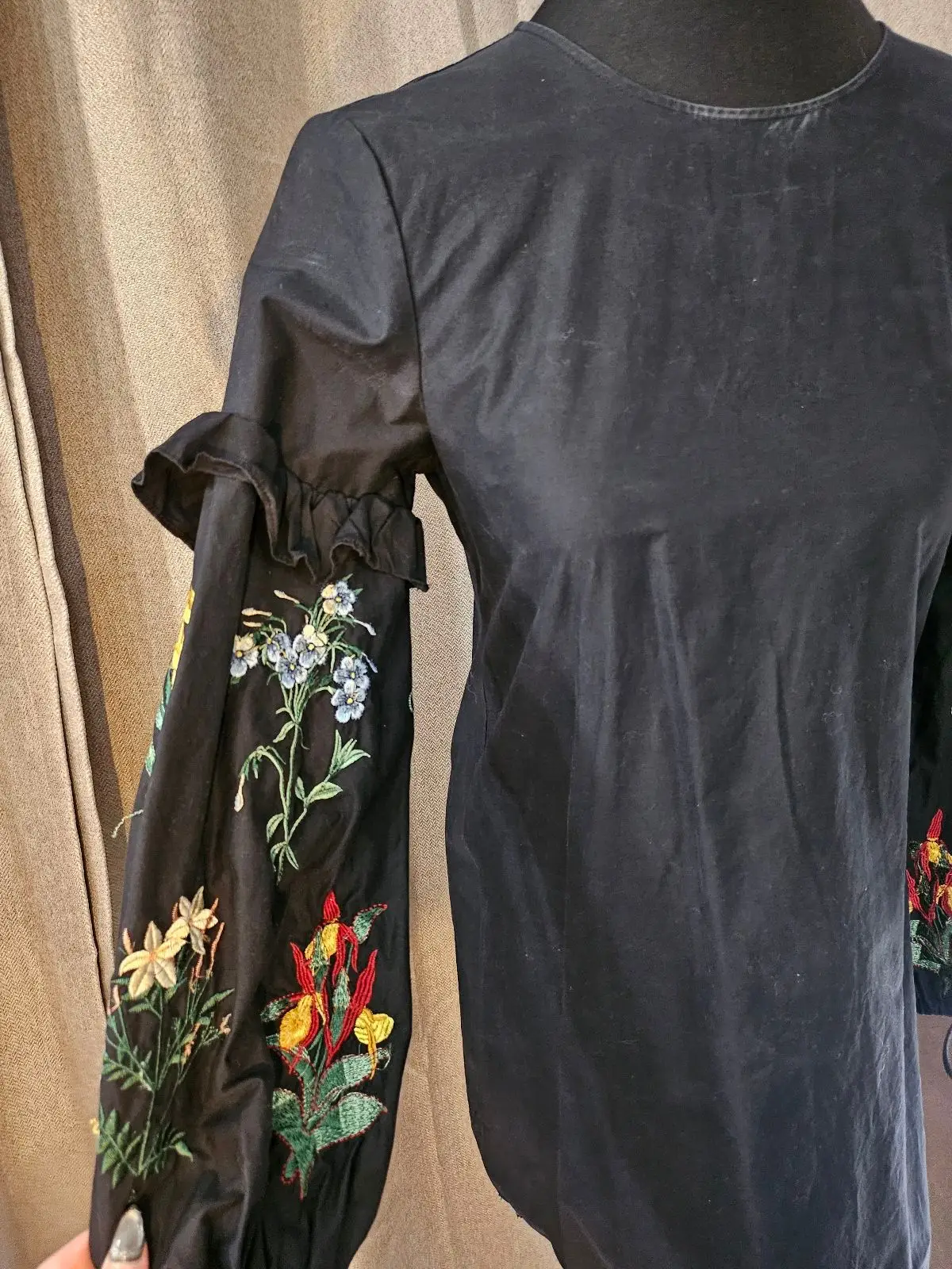Zara Black Dress with Floral Embroidered Sleeves