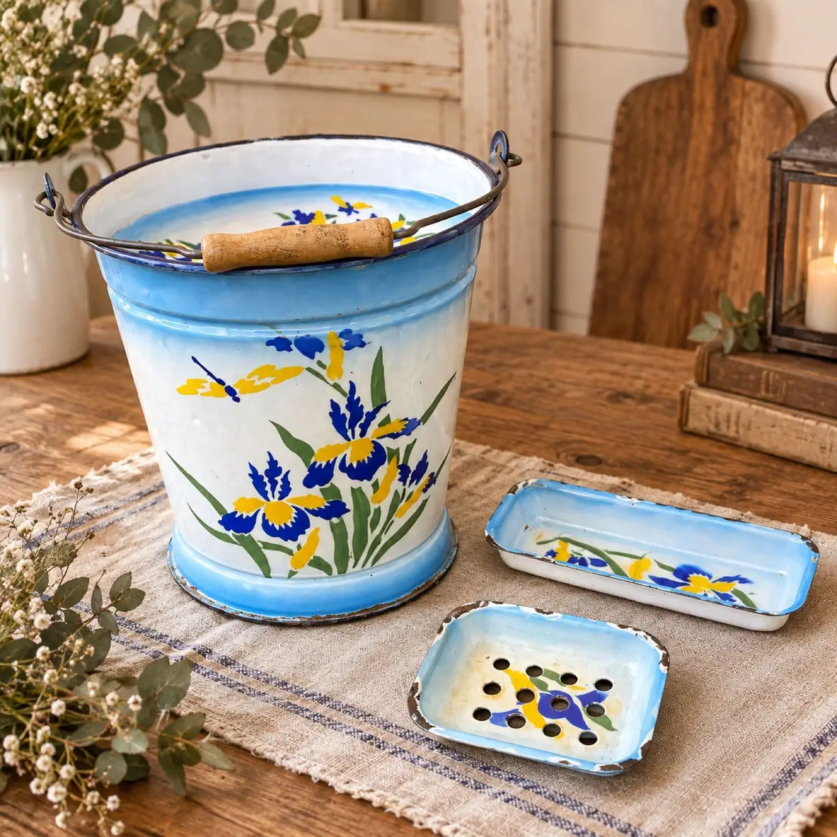Vintage Enamel Bucket with Floral Design