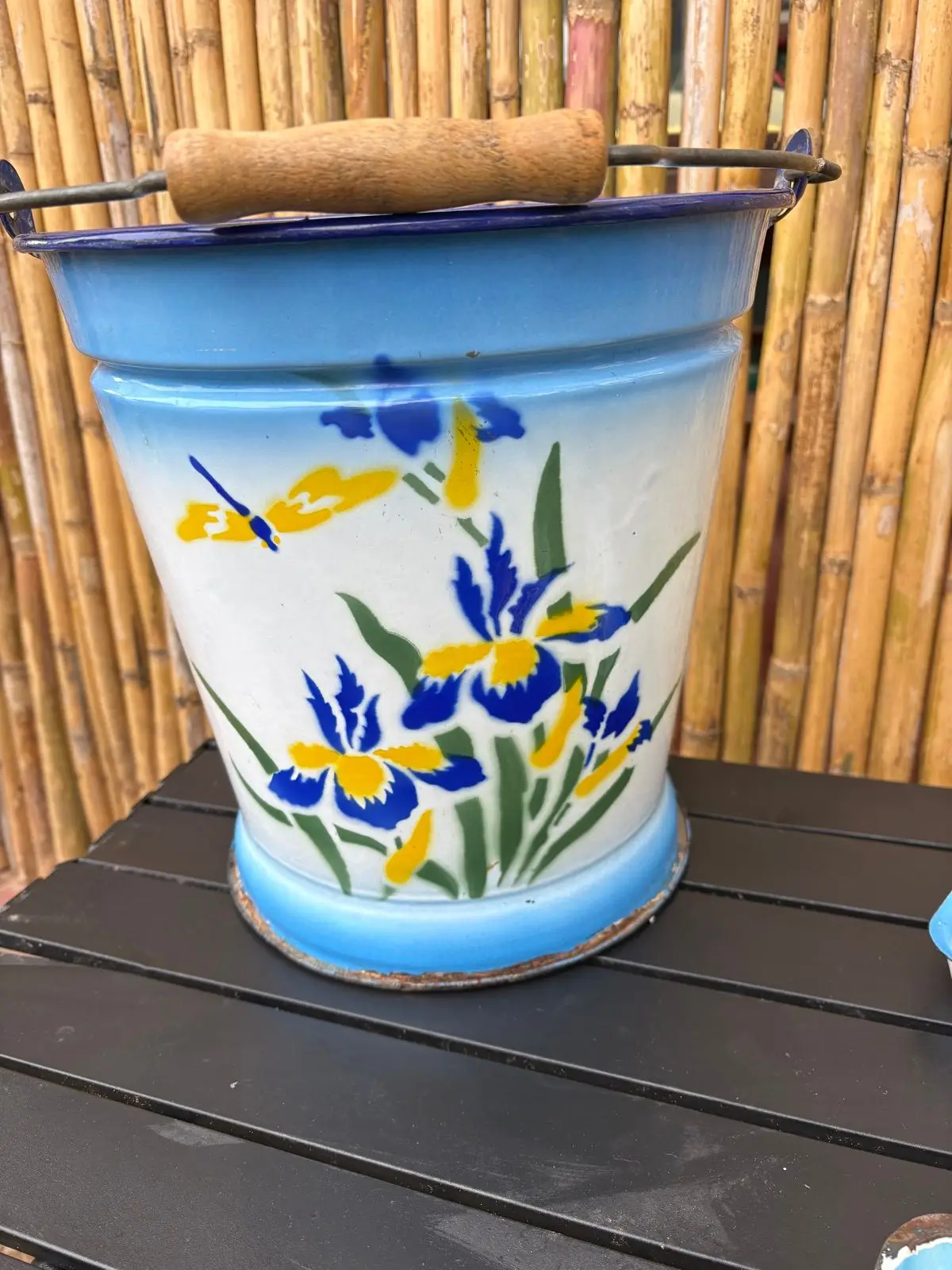 Vintage Enamel Bucket with Floral Design