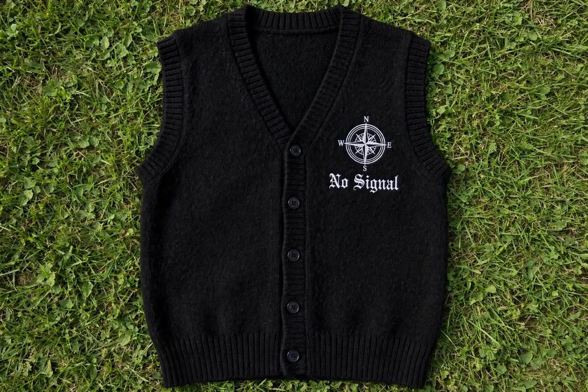 Black Knit Button Vest No Signal Compass Print