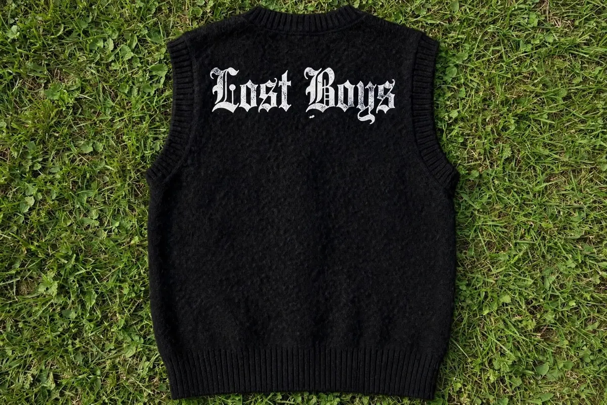 Black Knit Button Vest No Signal Compass Print