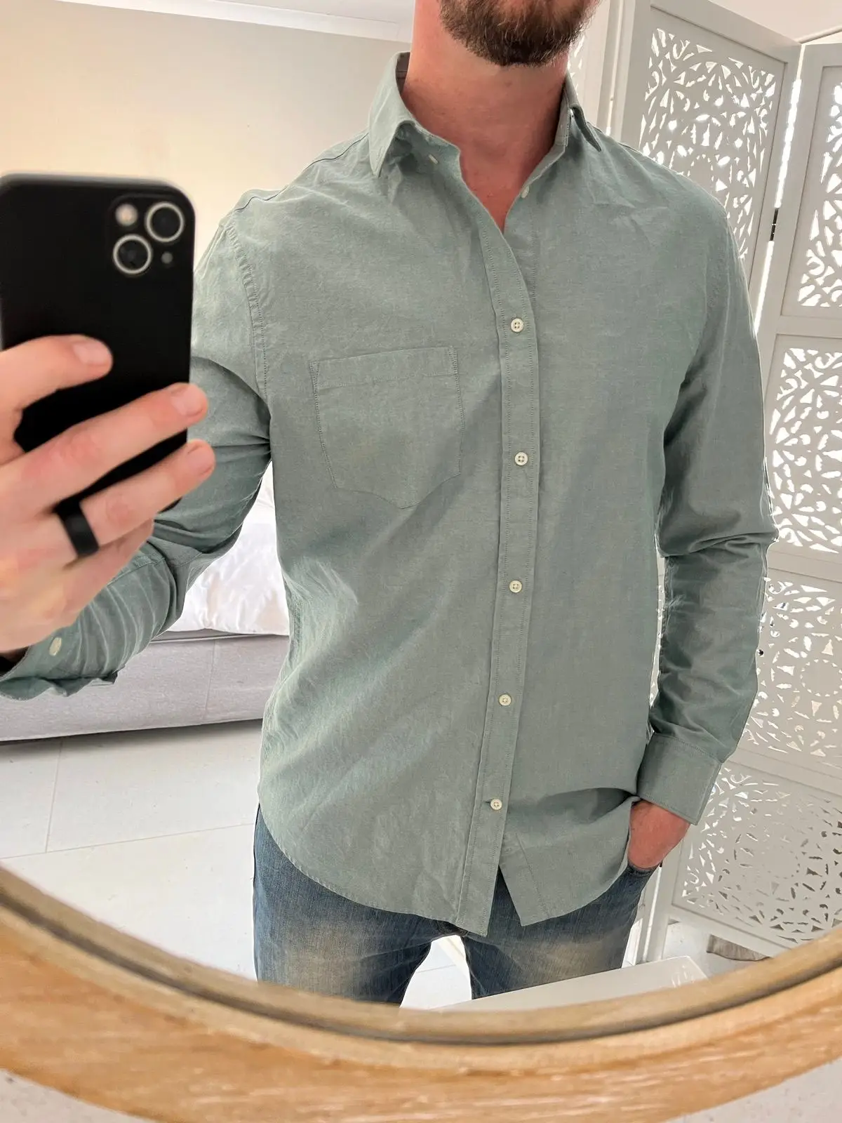 H&M Long-Sleeve Button-Down Shirt Sage Green