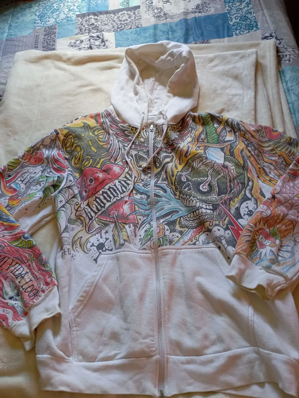 White Tattoo Print Zip-Up Hoodie