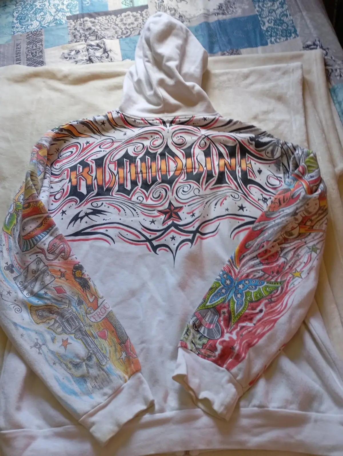 White Tattoo Print Zip-Up Hoodie