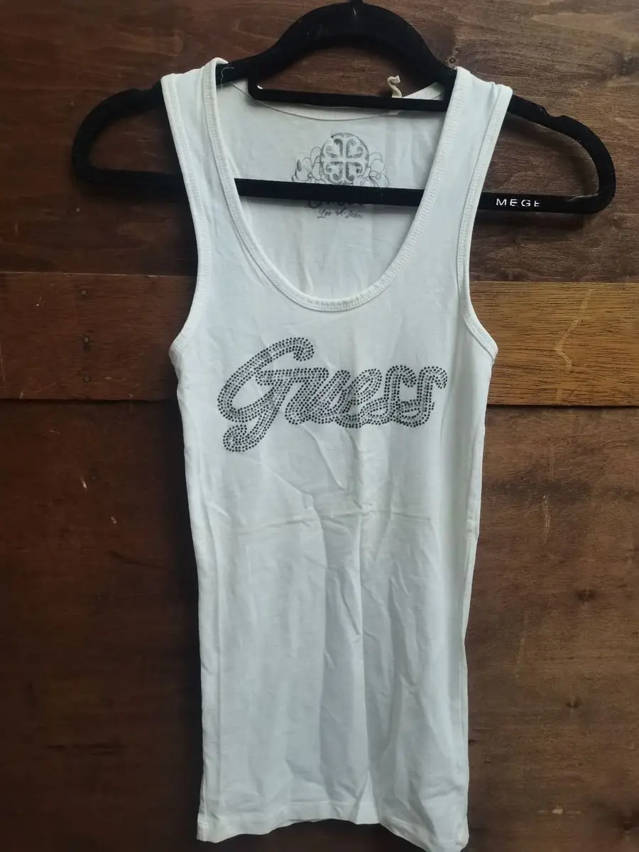Guess Rhinestone Logo White Tank Top
