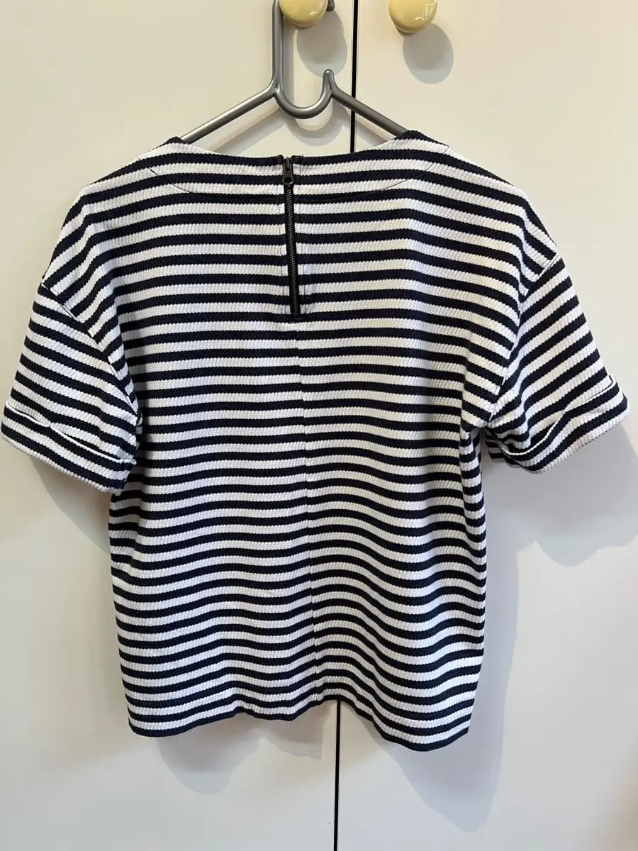 Trenery Navy & White Striped 100% Cotton Textured Top