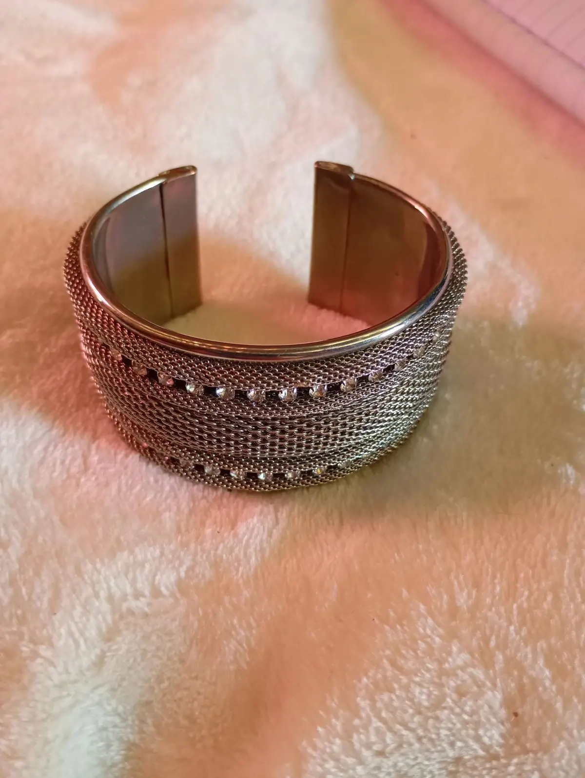 Silver Tone Mesh Cuff Bracelet with Rhinestones