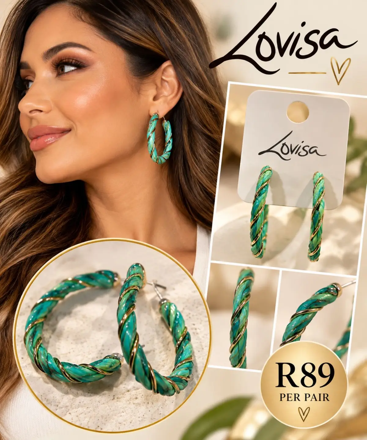 Lovisa Green and Gold Twisted Hoop Earrings