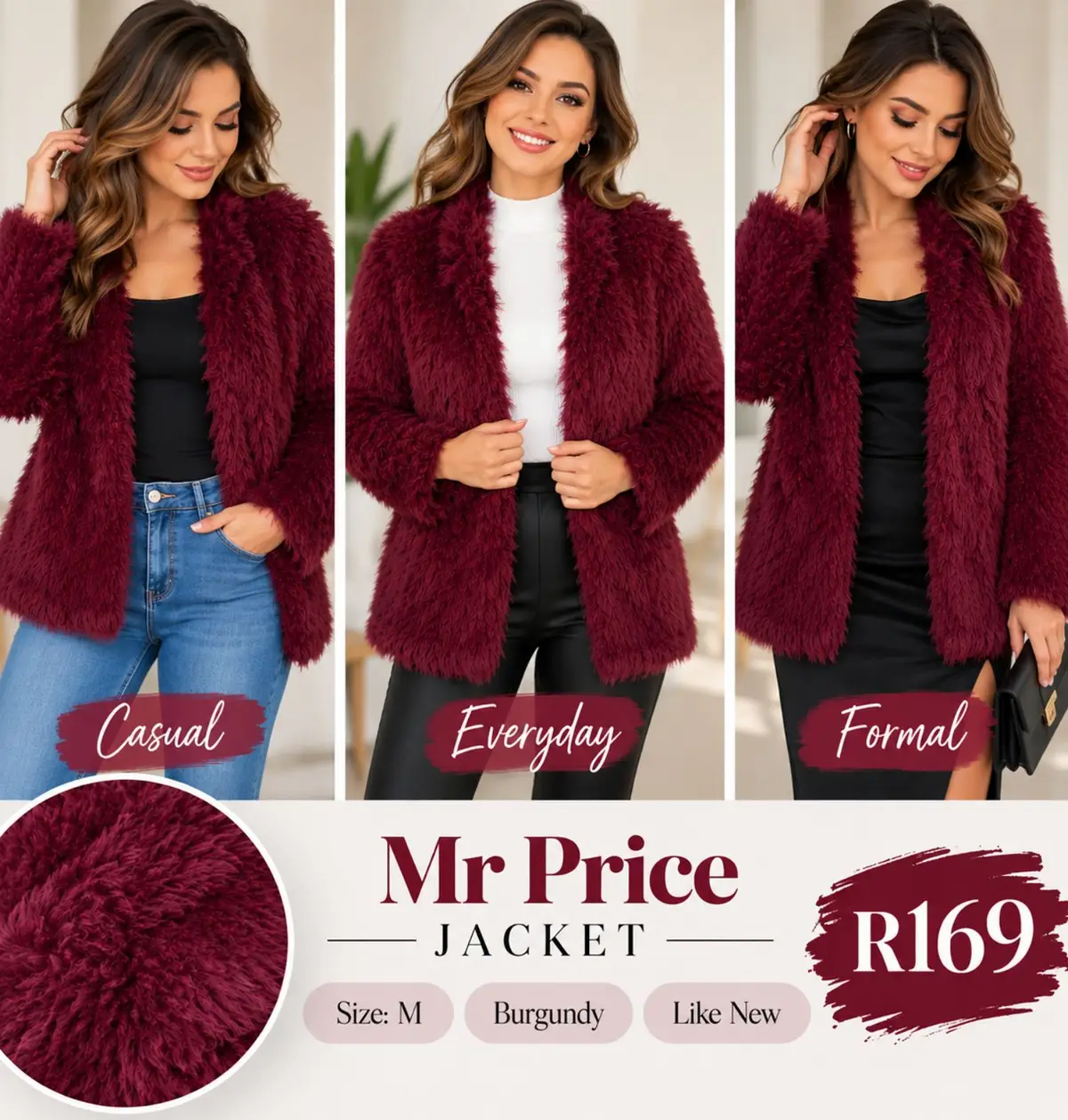 Mr Price Burgundy Fluffy Faux Fur Jacket Size M