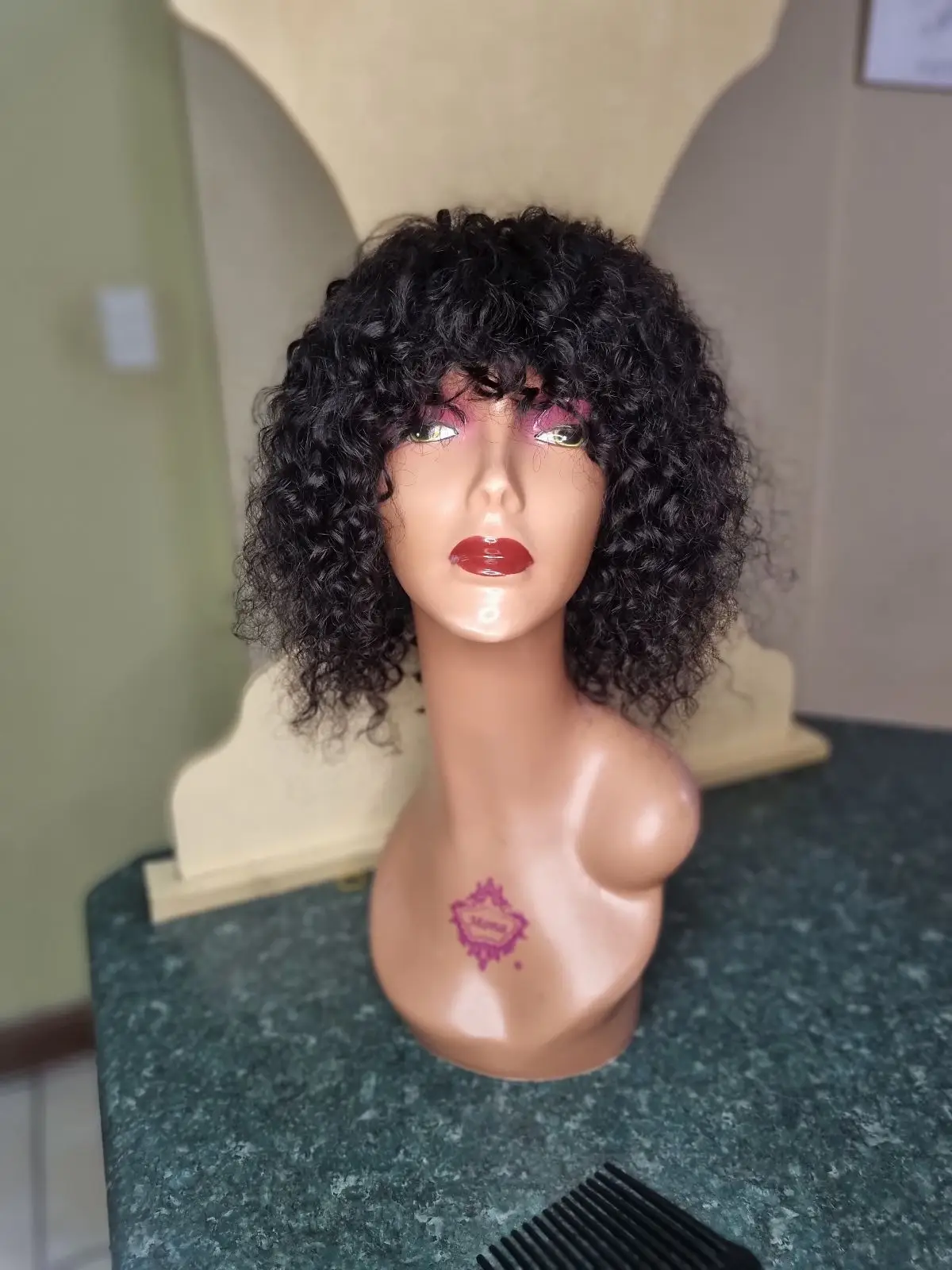 Black Curly Wig with Bangs