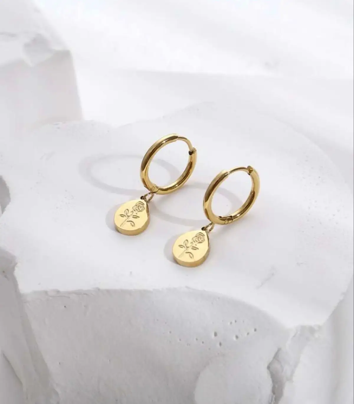 Gold Rose Drop Hoop Earrings