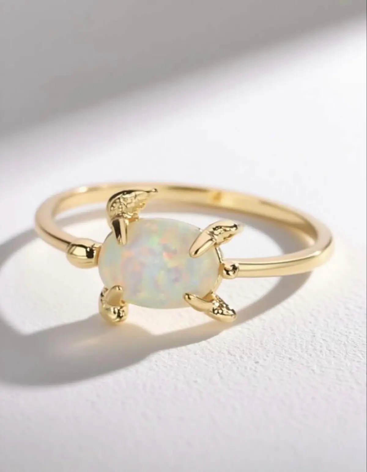 Gold Tone Turtle Ring with Opal Style Stone
