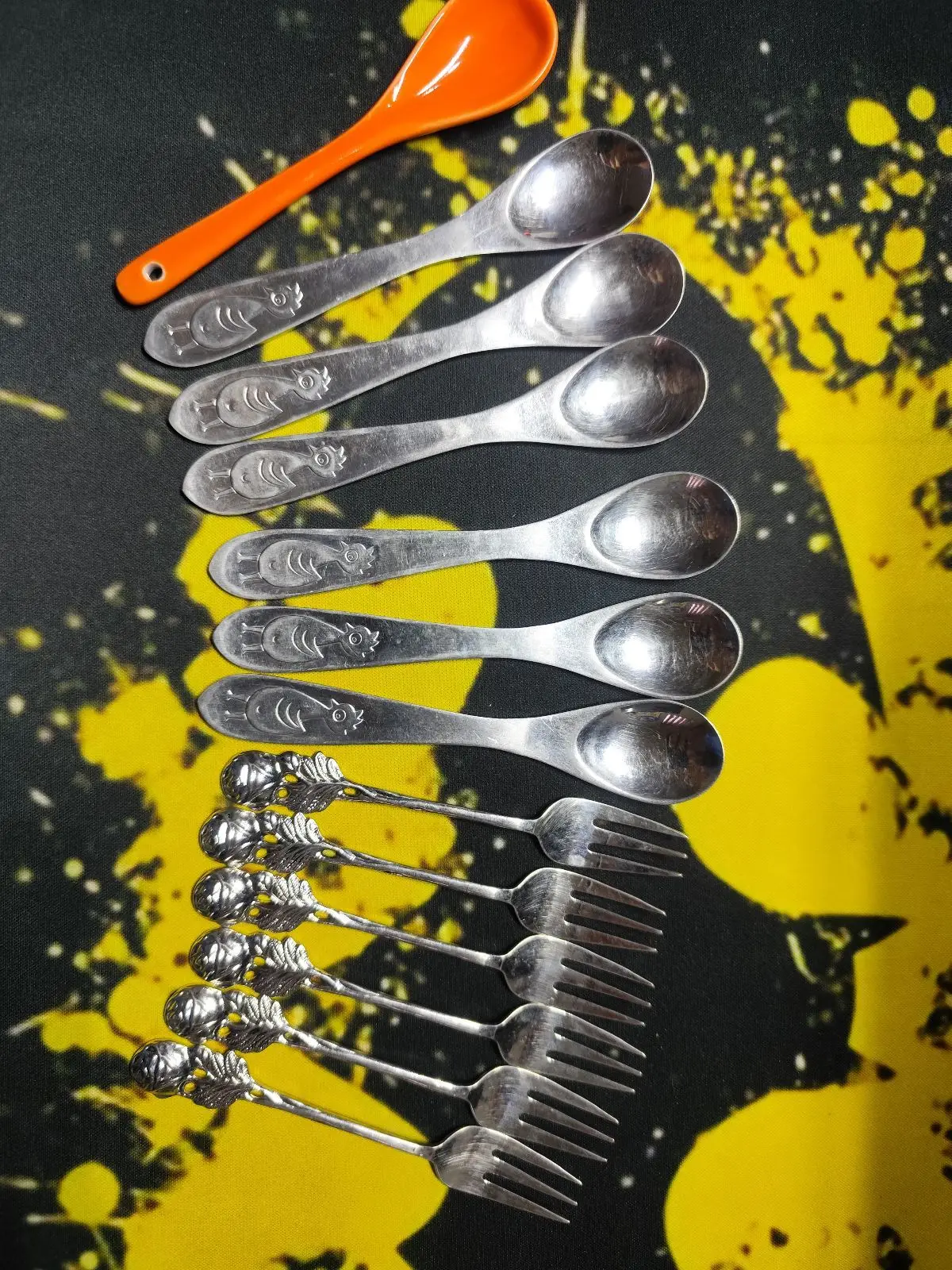 Set of Six Small Chicken-Engraved Metal Spoons