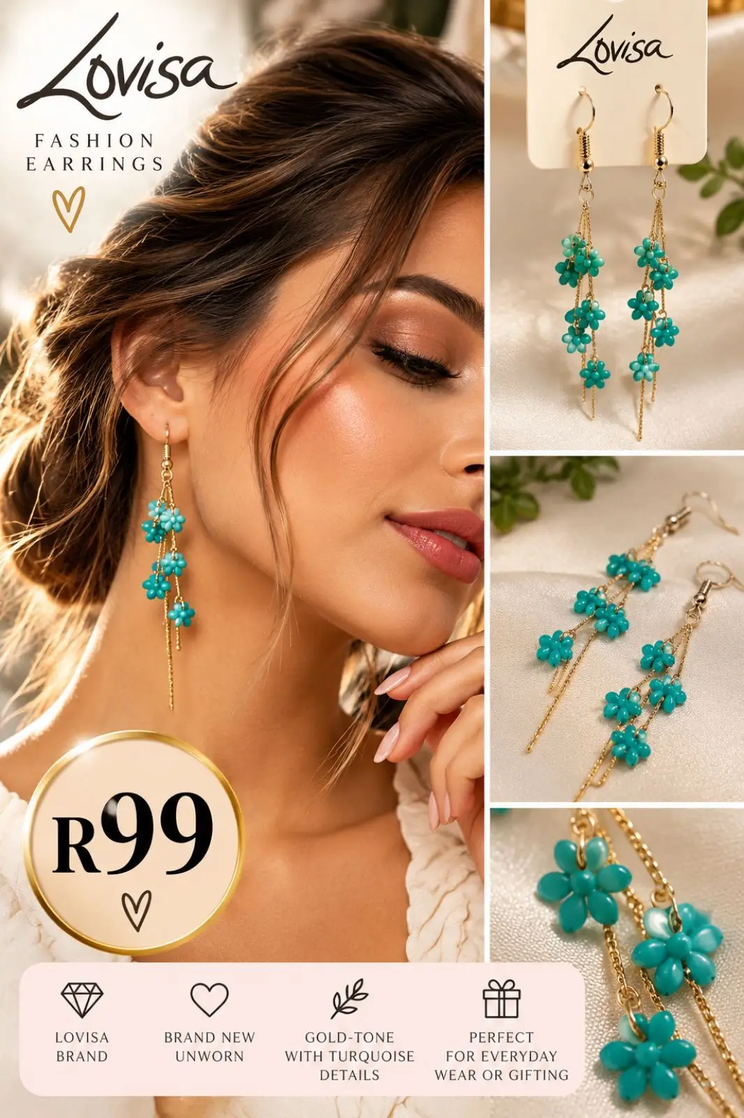 Lovisa Gold-Tone Turquoise Flower Drop Earrings