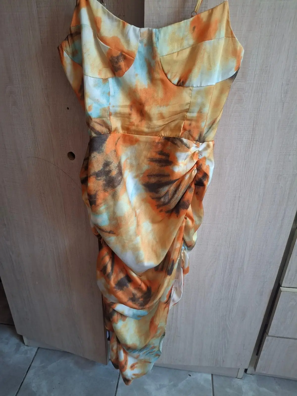 Orange Tie-Dye Ruched Midi Dress