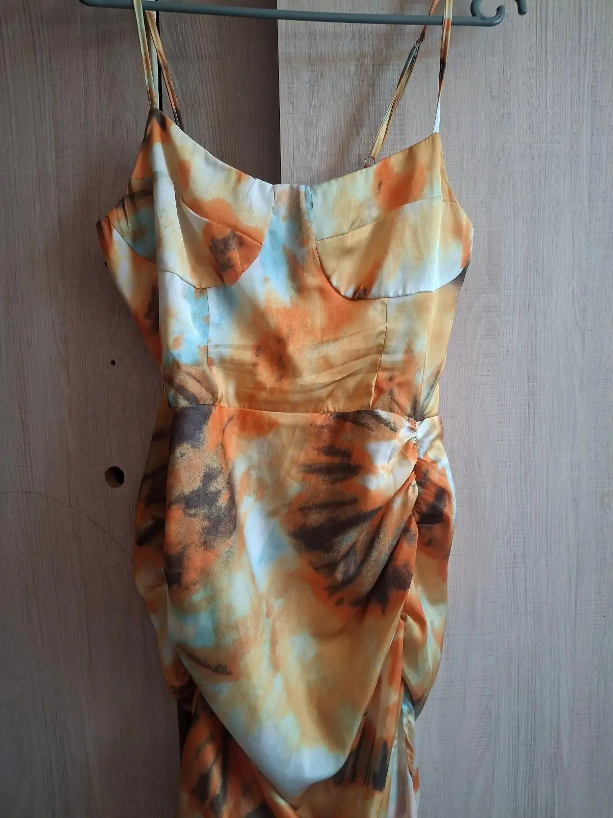 Orange Tie-Dye Ruched Midi Dress