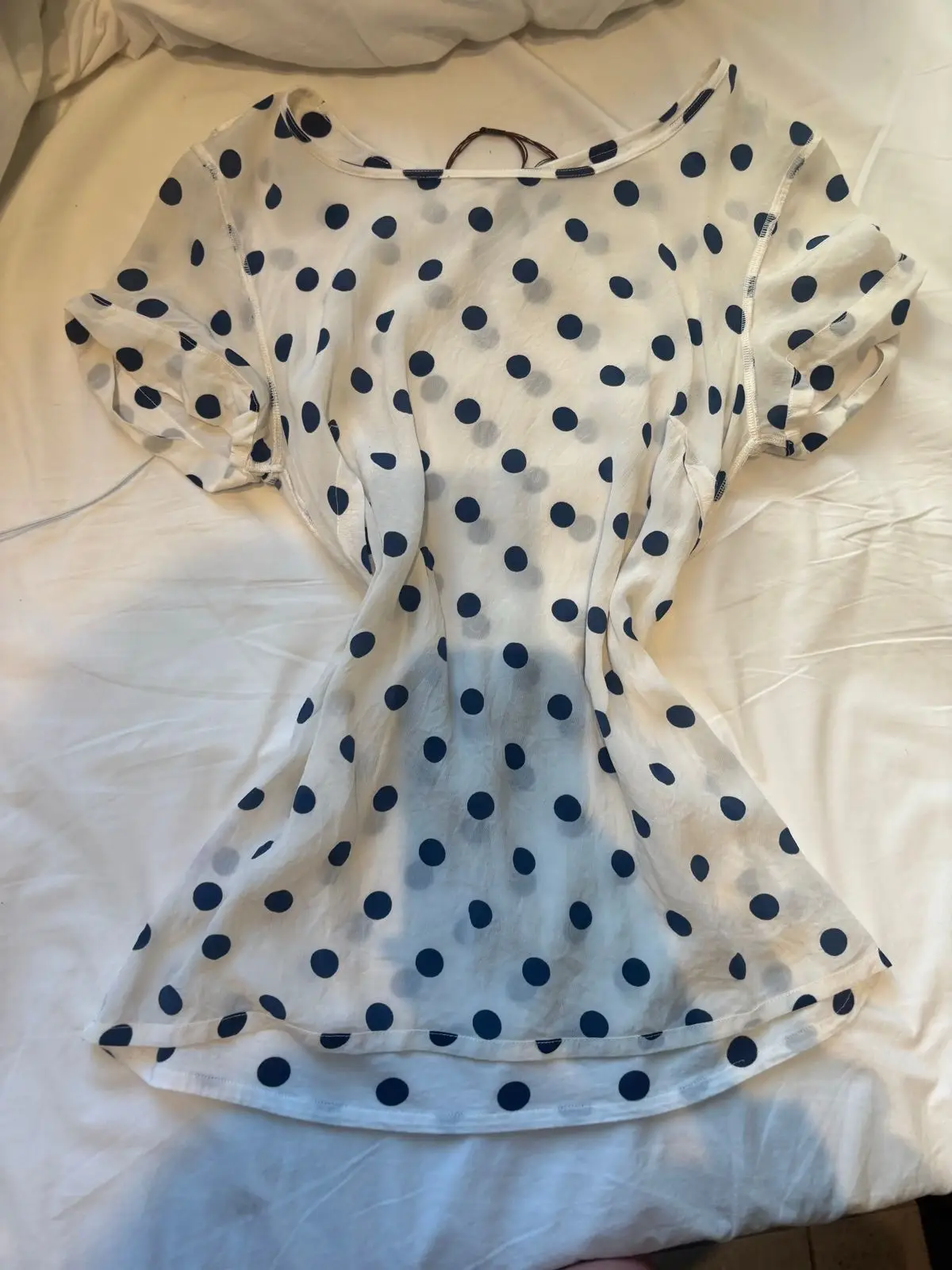 Vintage White and Blue Polka Dot Short-Sleeve Top