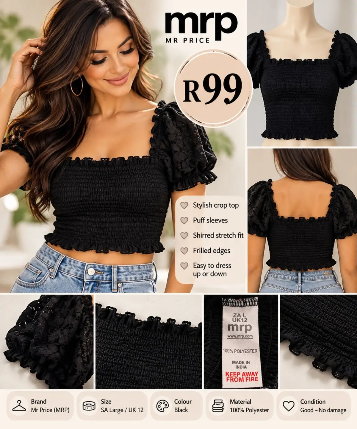 Mr Price Black Shirred Puff Sleeve Crop Top