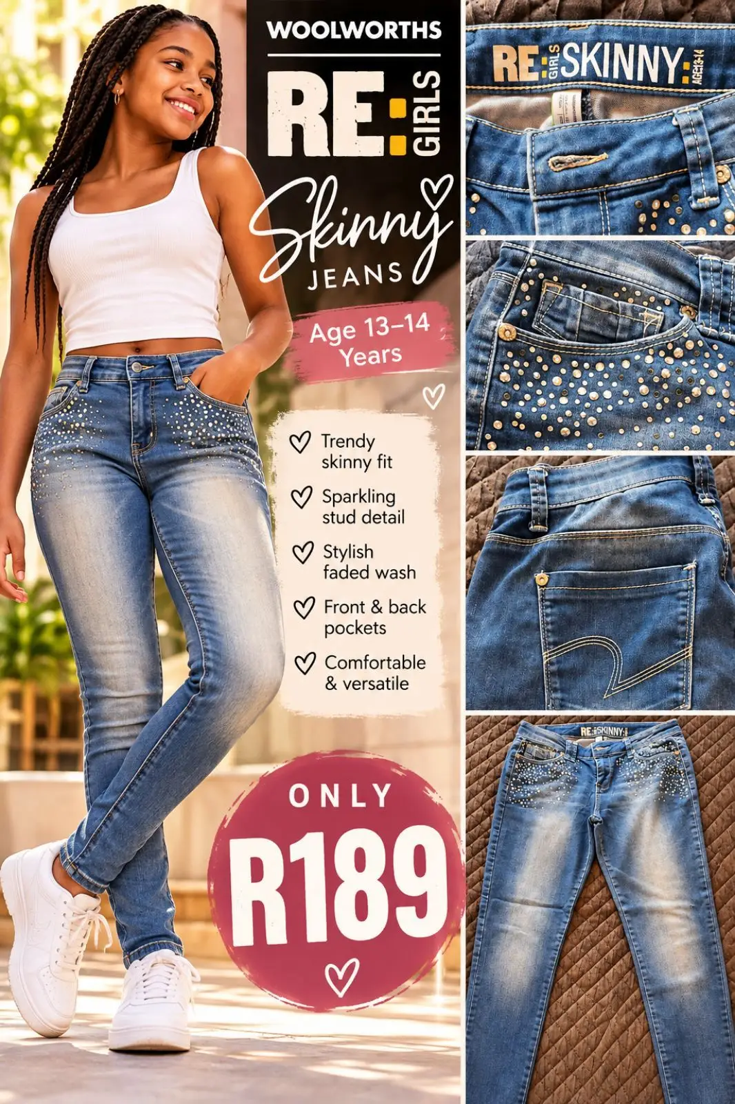Woolworths RE: Girls Studded Skinny Jeans Age 13-14