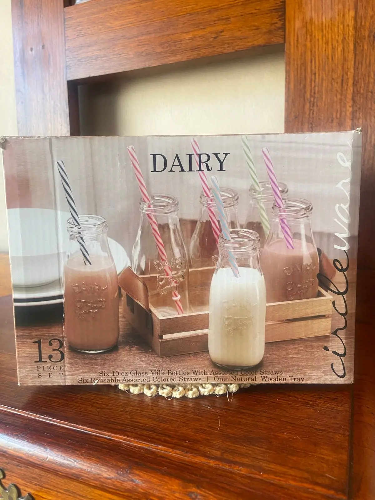 Circleware 13-Piece Glass Milk Bottle Set with Wooden Tray