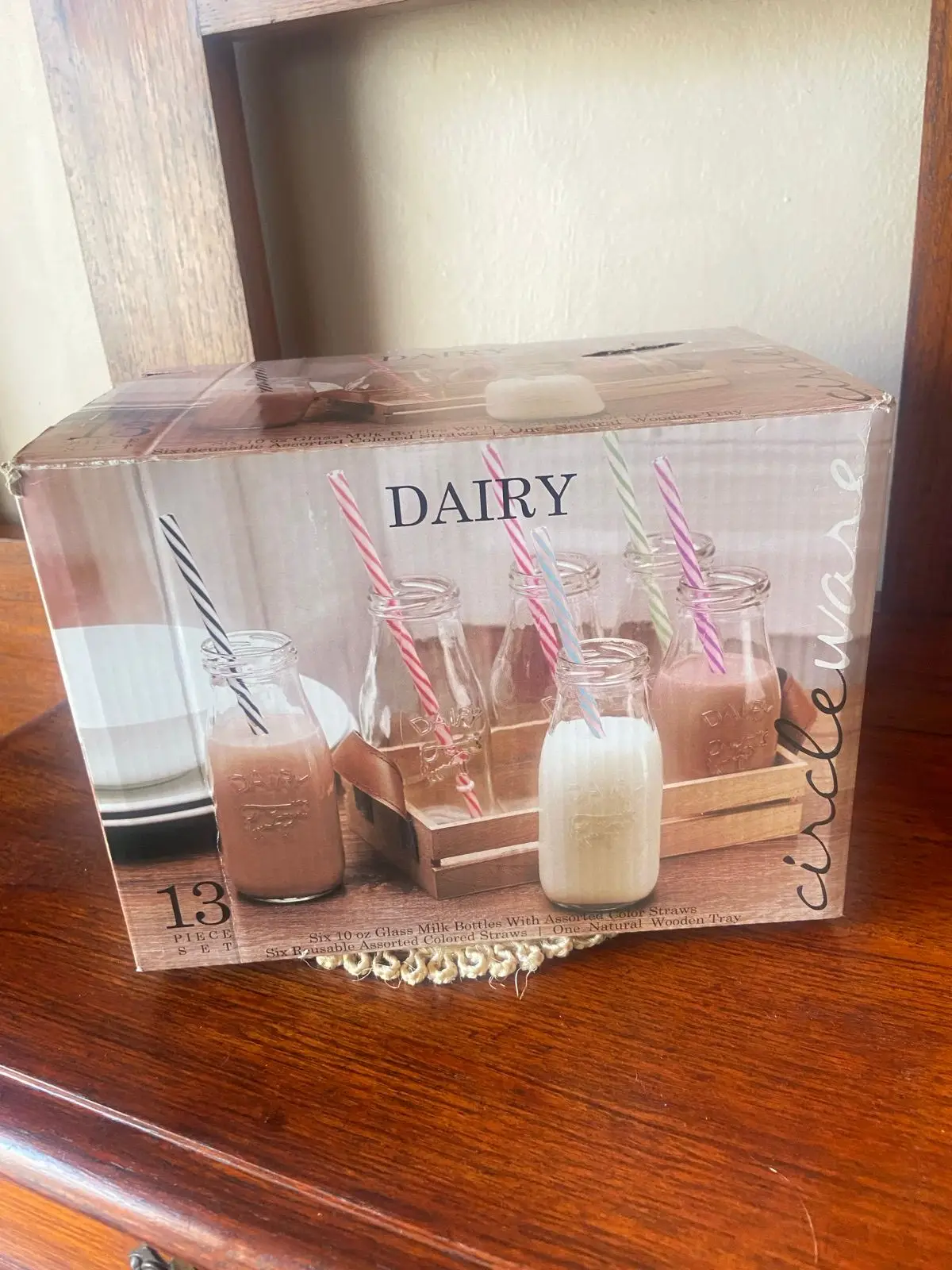 Circleware 13-Piece Glass Milk Bottle Set with Wooden Tray