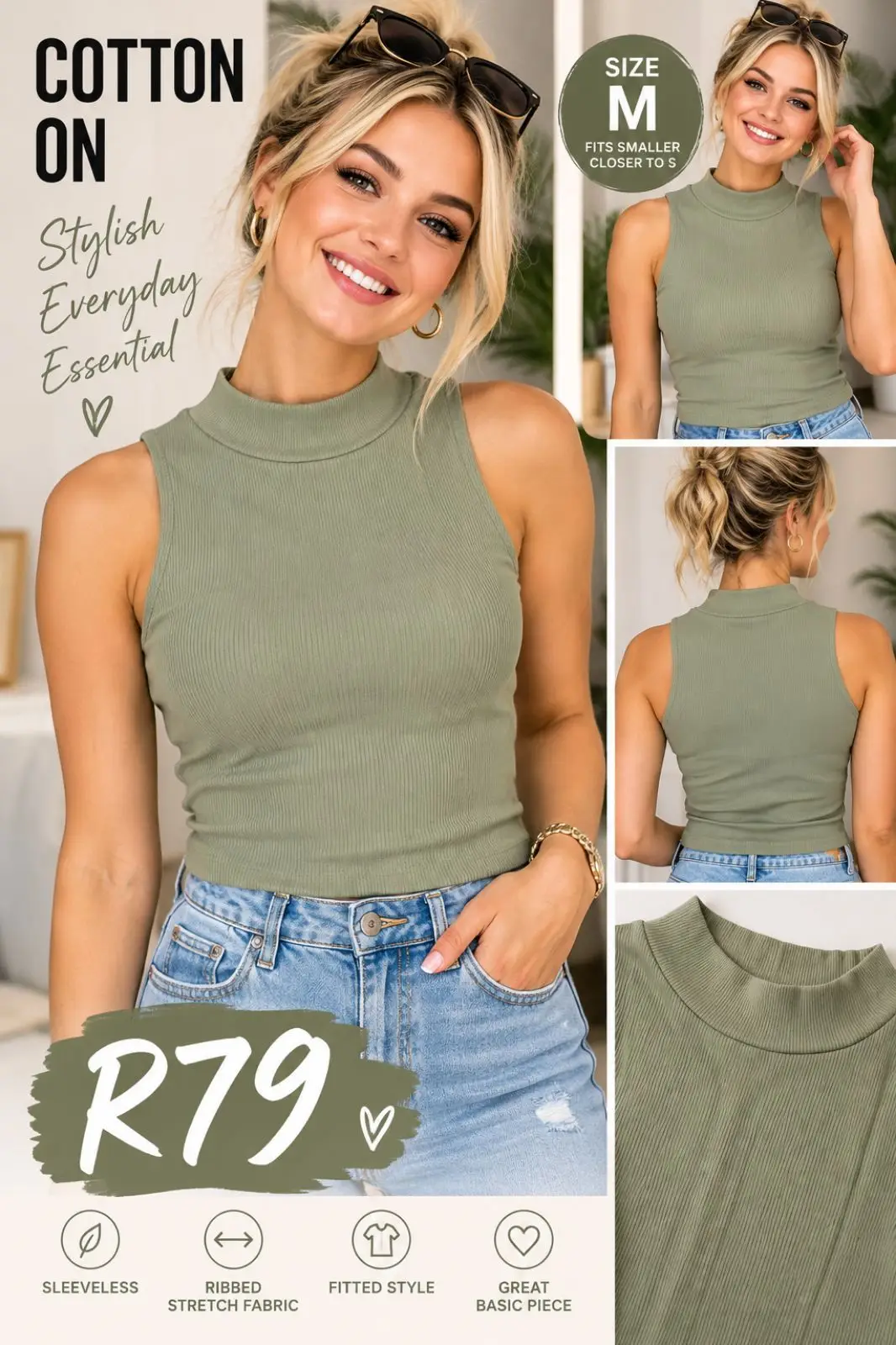 Cotton On Green Ribbed Mock Neck Top