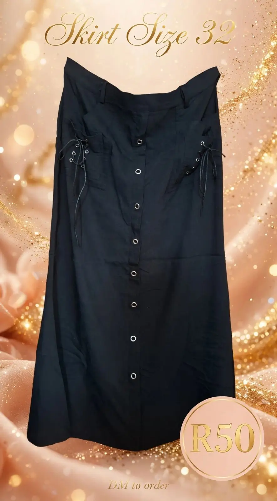 Black Long Skirt with Button Front and Lace-Up Details