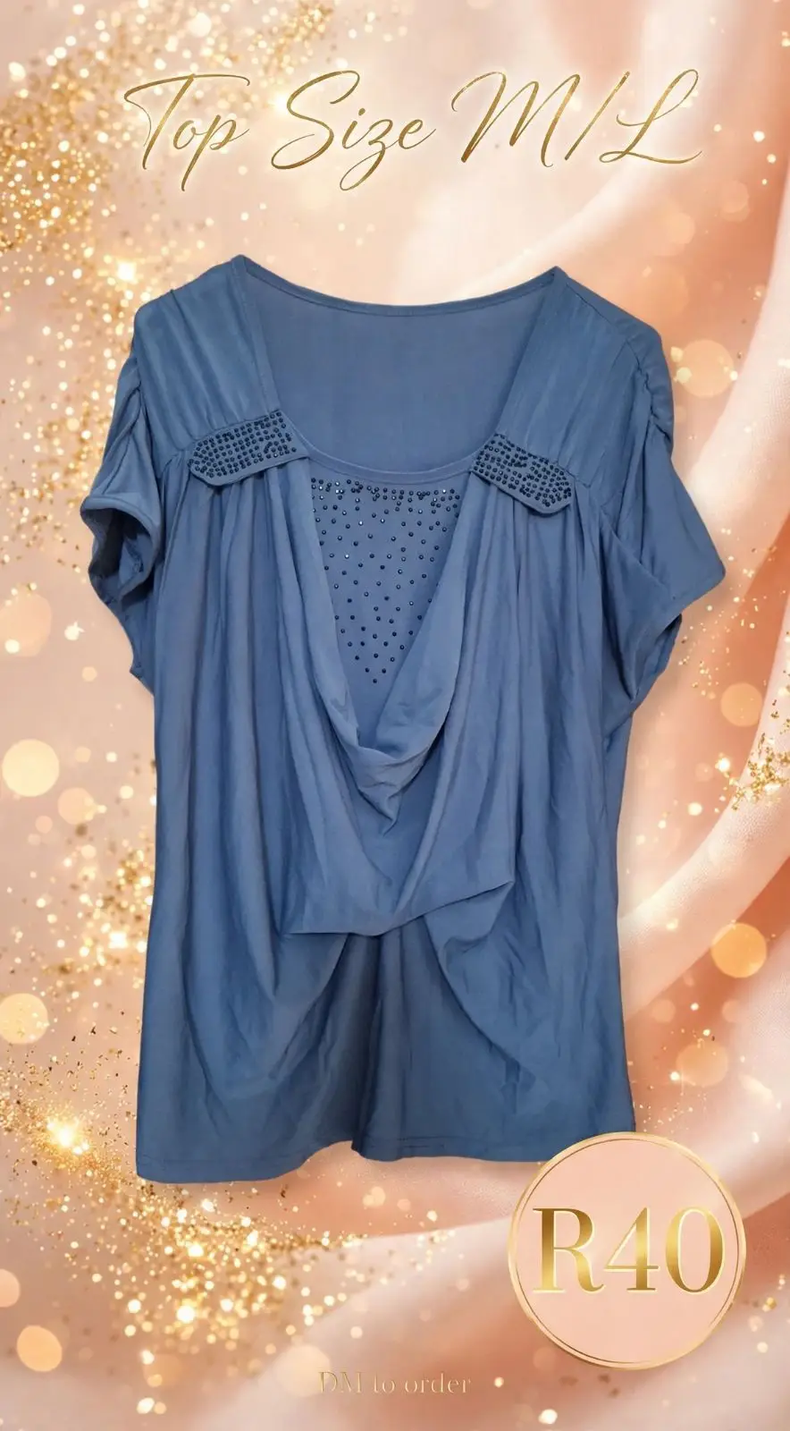 Blue Draped Top with Beaded Neckline