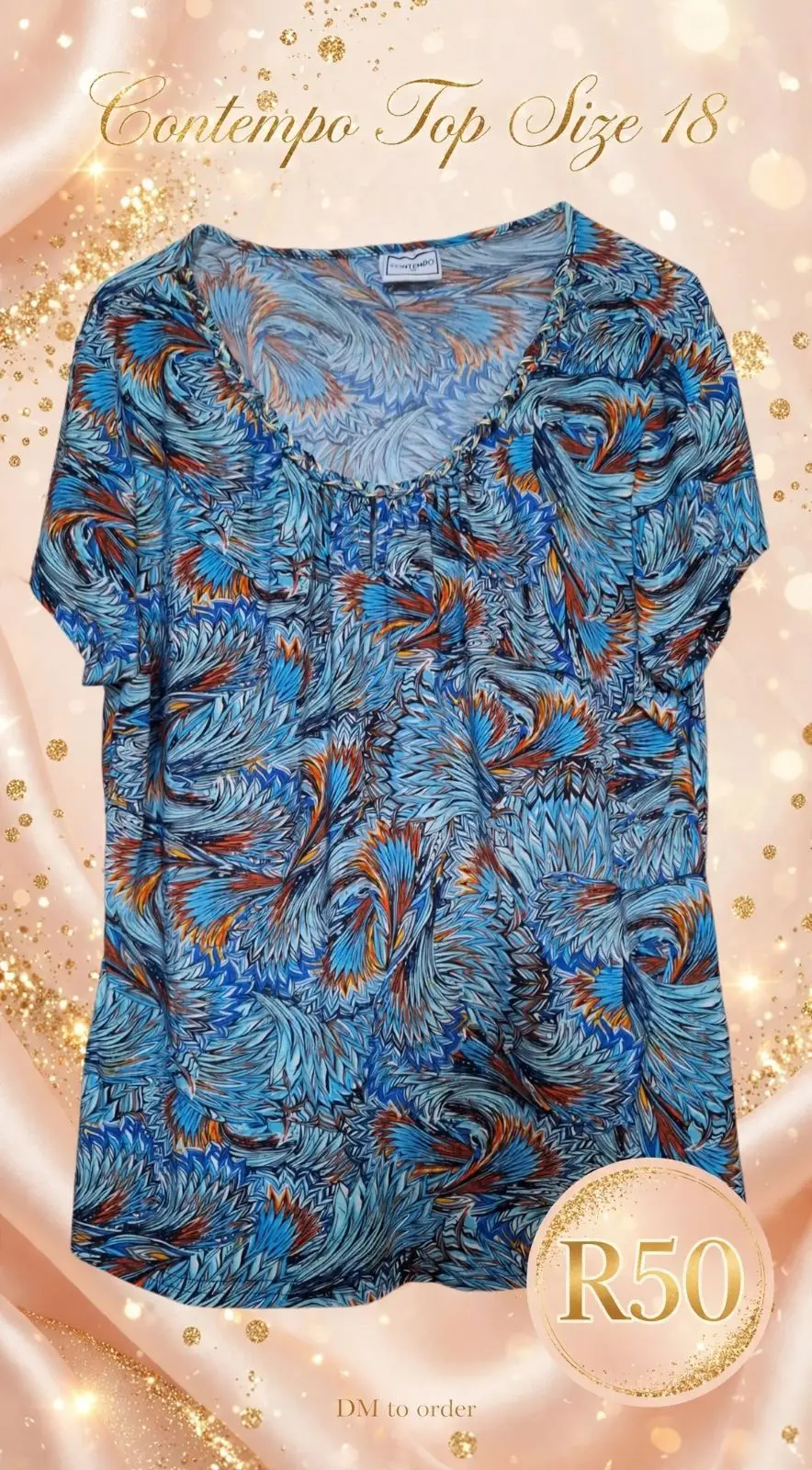 Contempo Blue Patterned Short-Sleeve Top Size 18