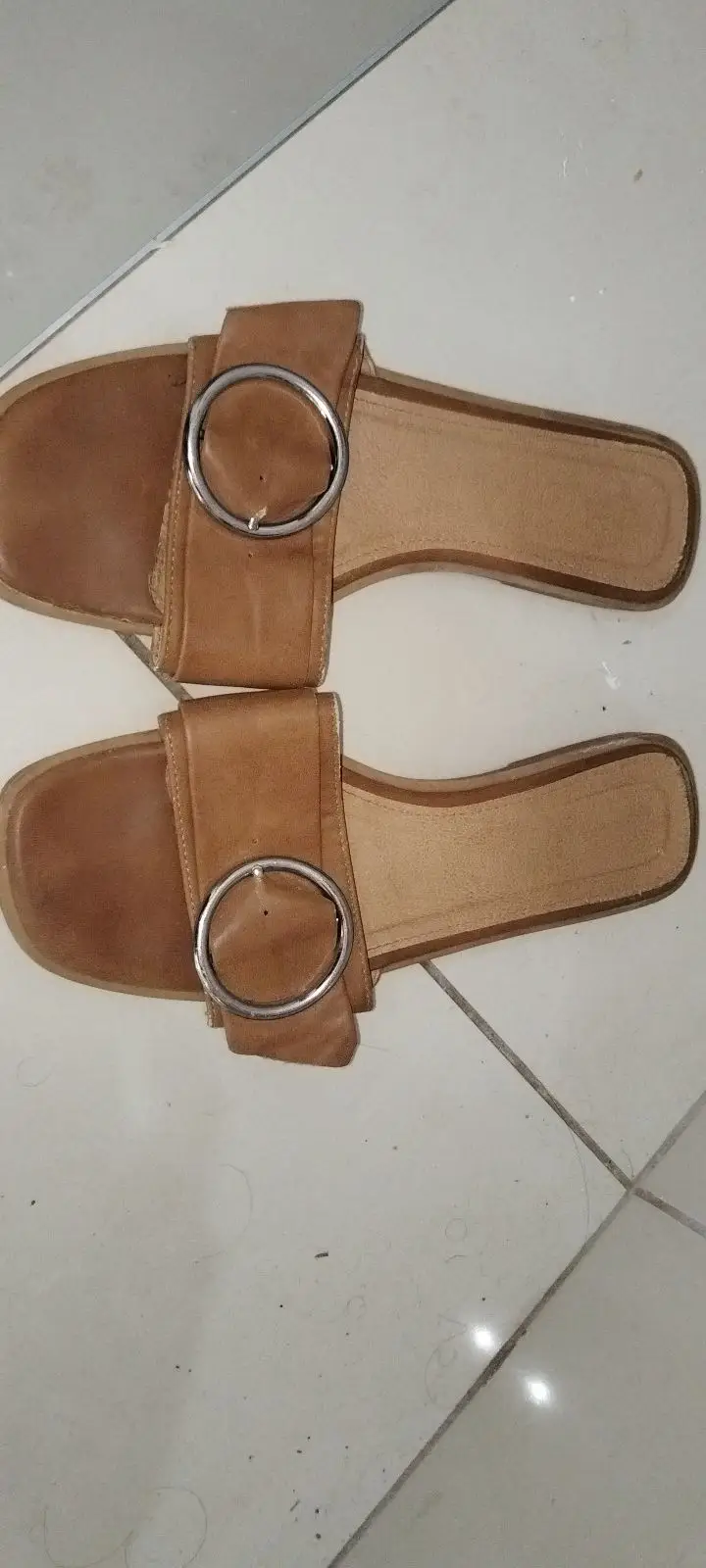 Rubi Tan Slide Sandals with Silver Ring Detail