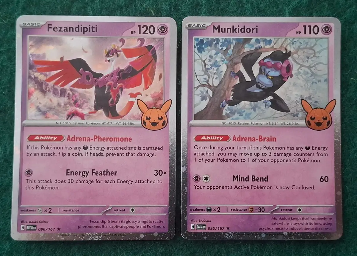 Fezandipiti & Munkidori Pokemon Trading Cards Set