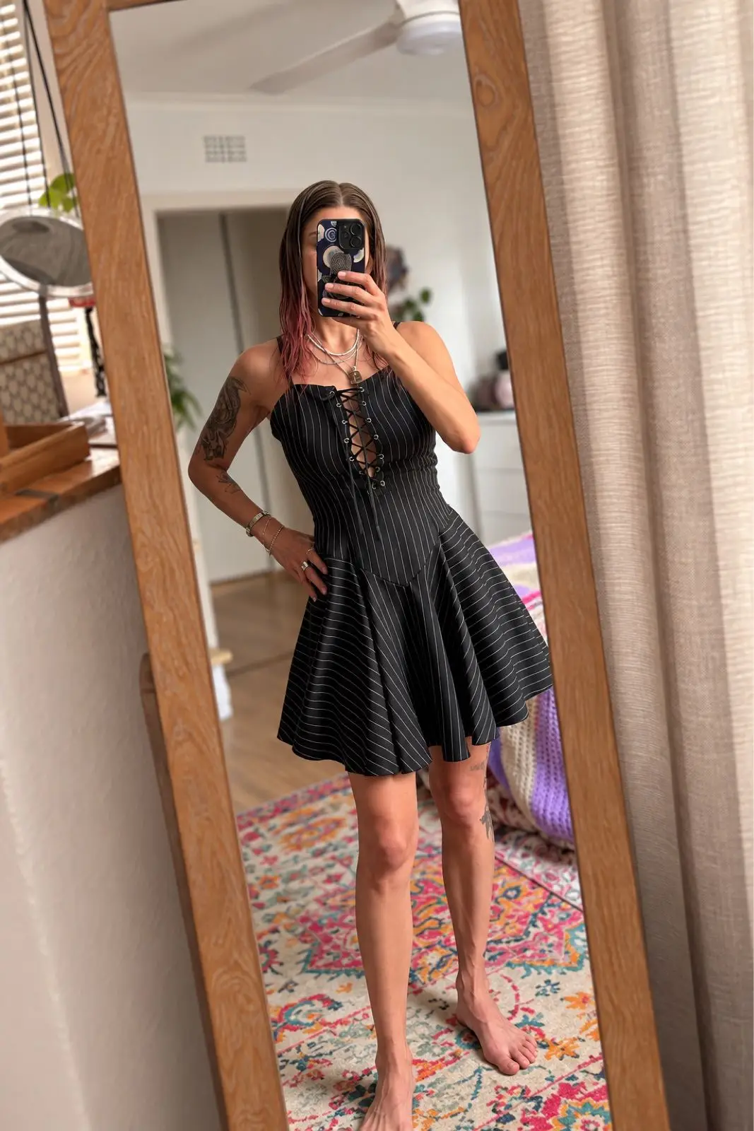 Shein Romwe Black Pinstripe Lace-Up Mini Dress Size S