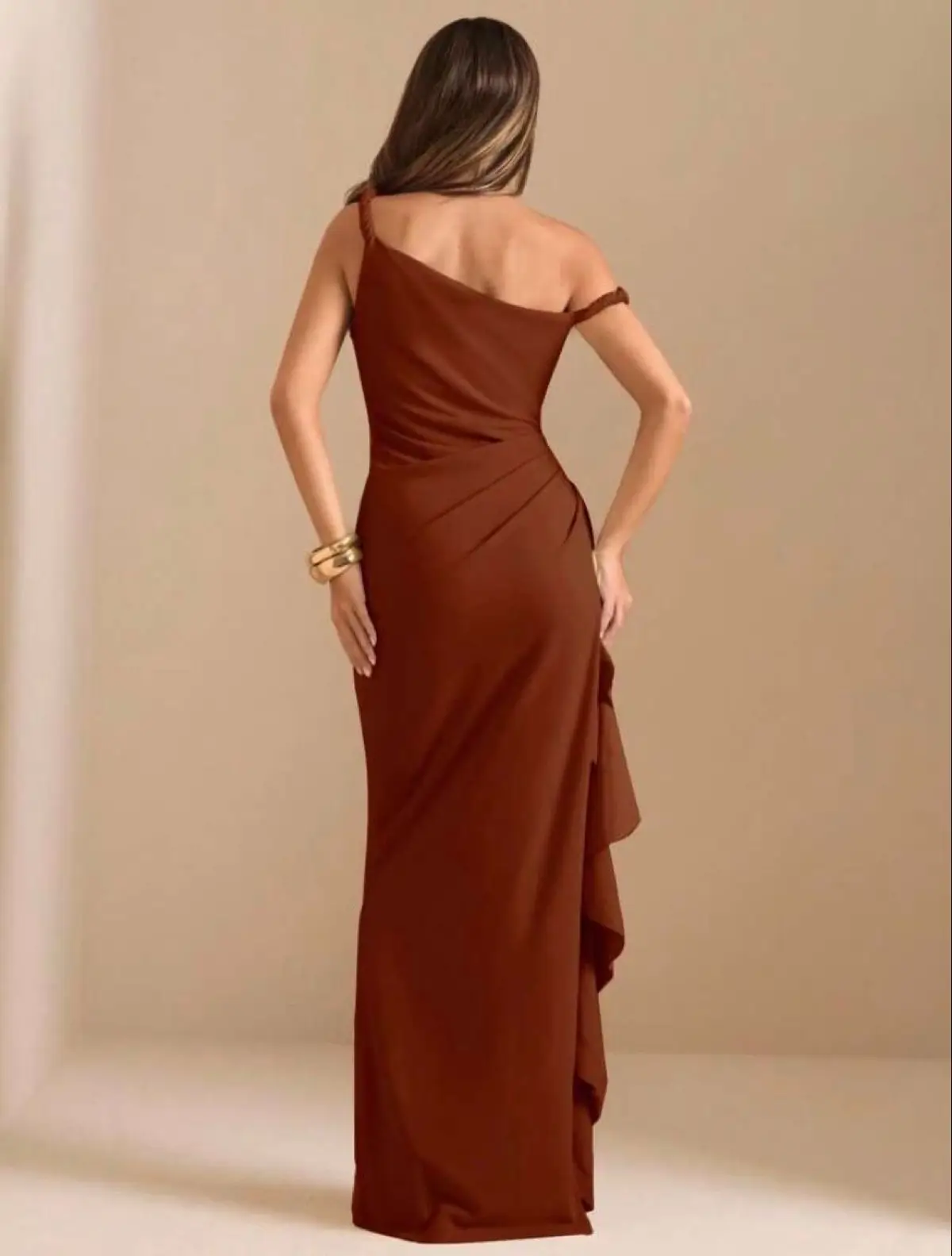 Shein Rusty Brown One-Shoulder Formal Dress S