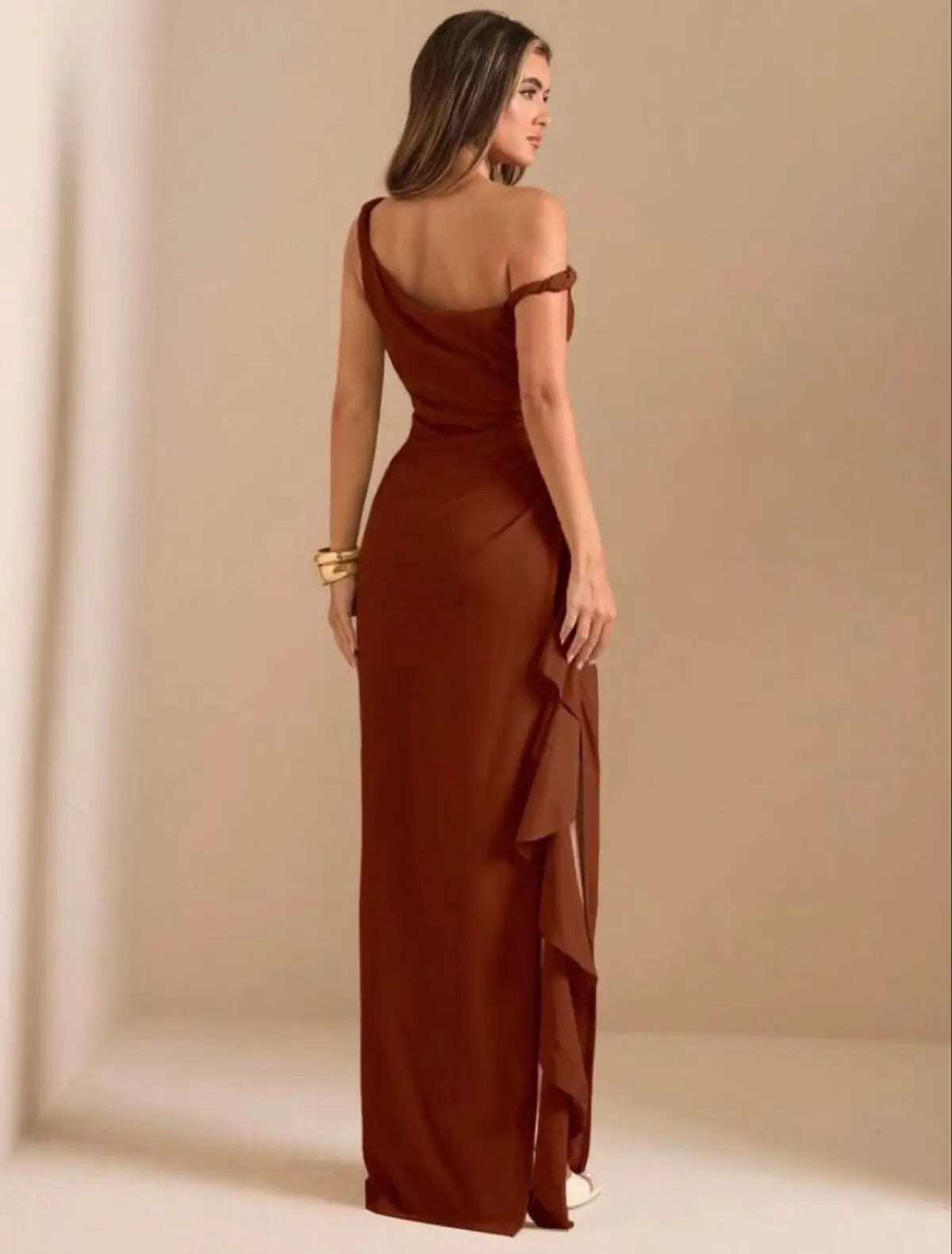 Shein Rusty Brown One-Shoulder Formal Dress S