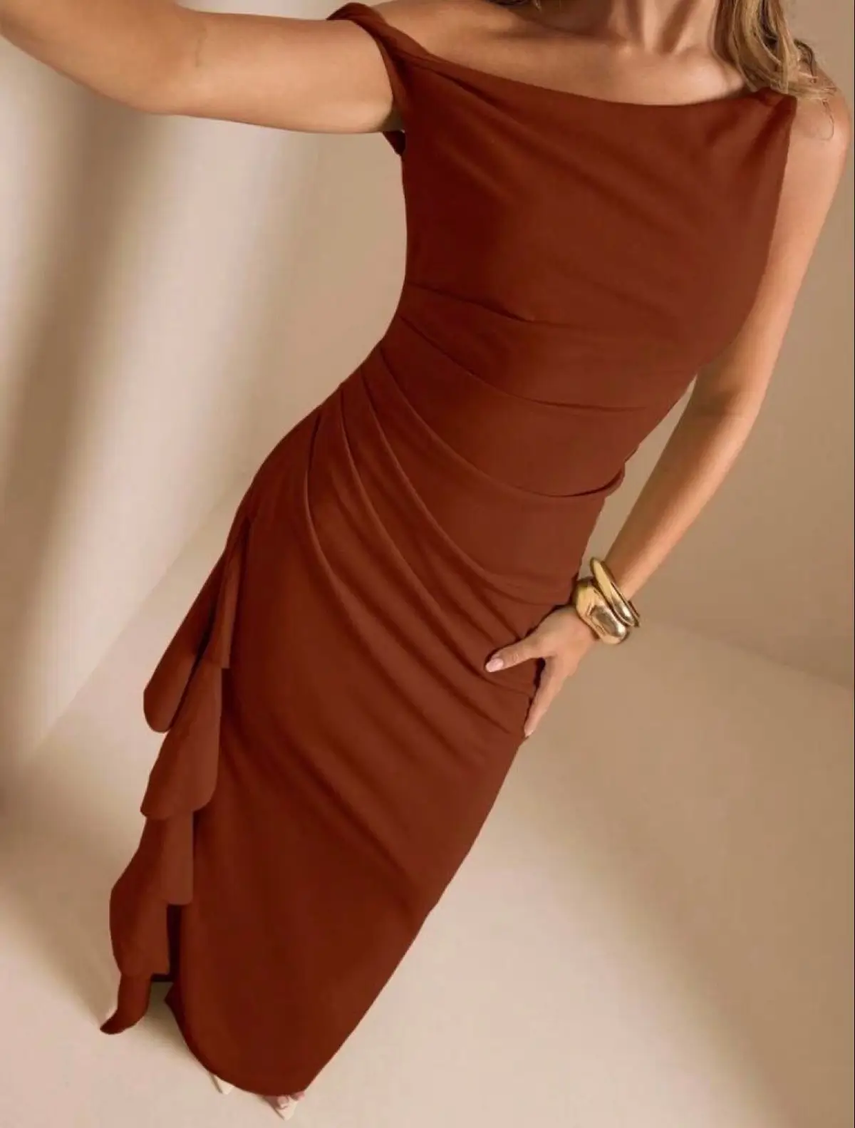 Shein Rusty Brown One-Shoulder Formal Dress S