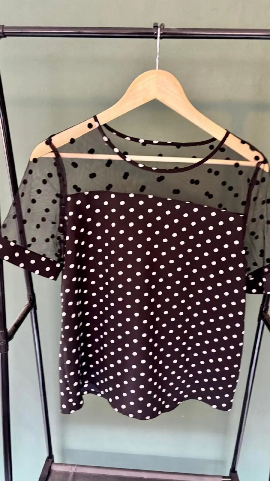 Shein Black Polka Dot Mesh Yoke Short-Sleeve Blouse