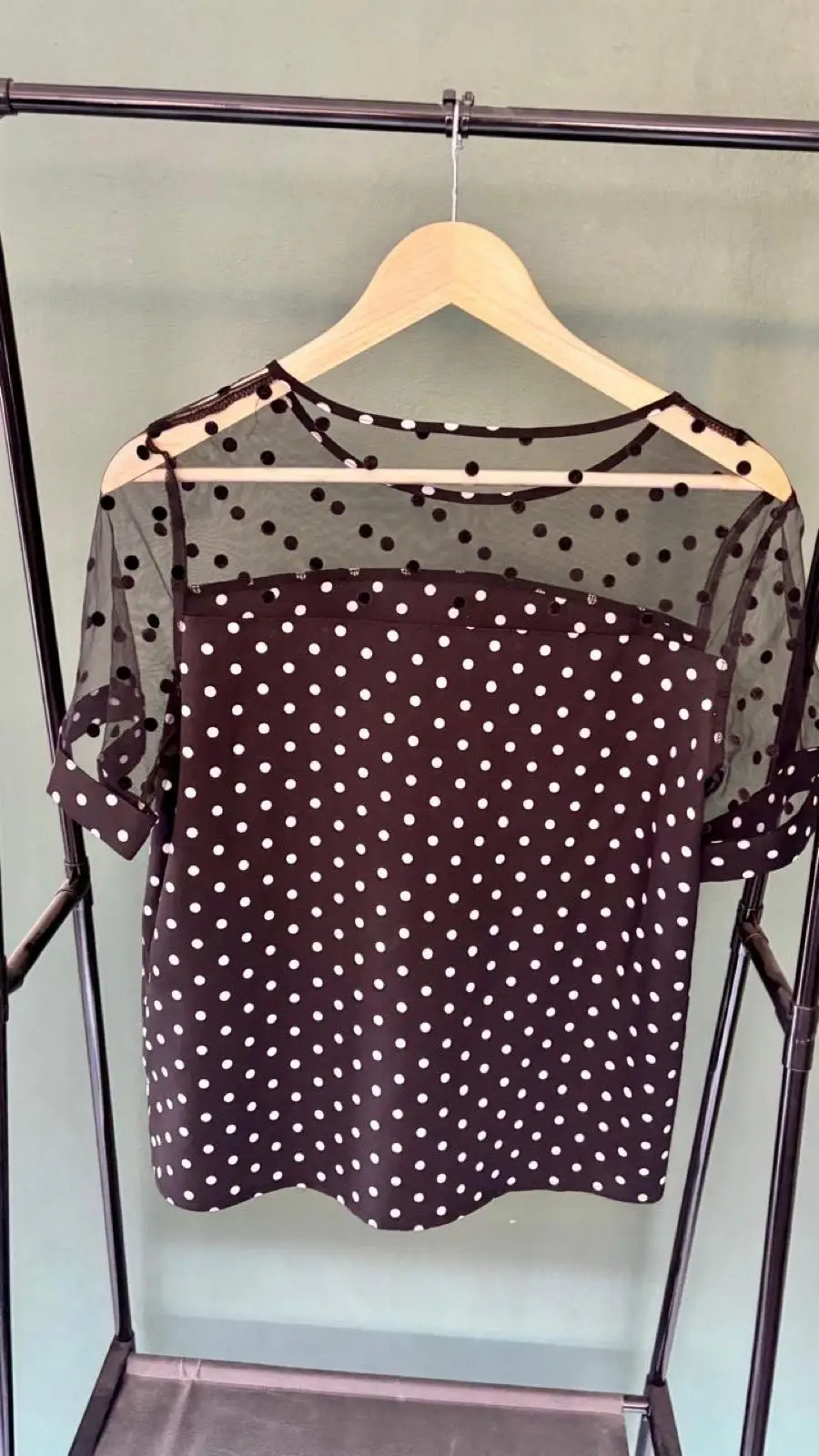 Black Polka Dot Mesh Yoke Short-Sleeve Blouse