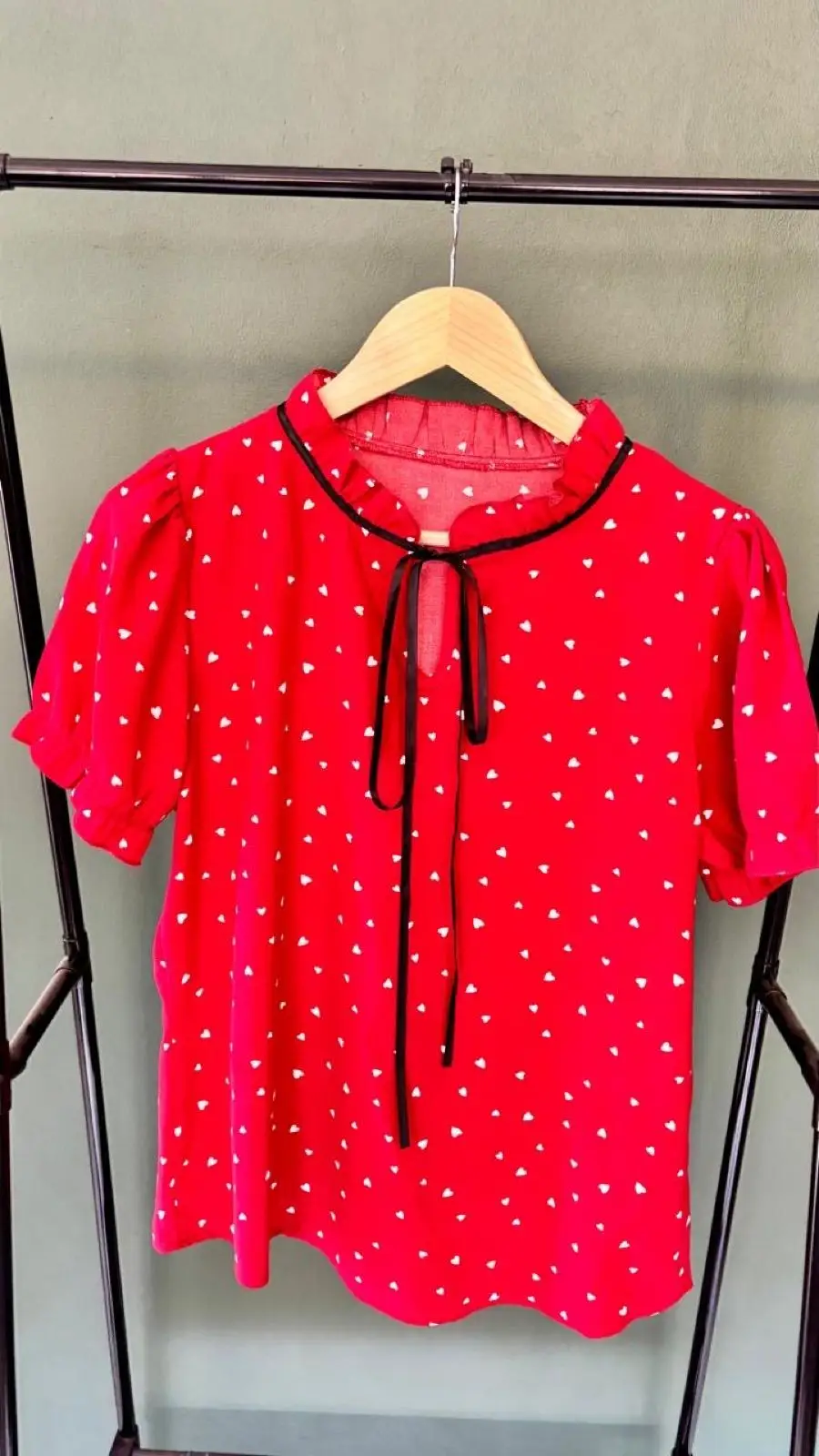 Shein Red Mini Heart Print Ruffle Neck Tie Blouse Shein M