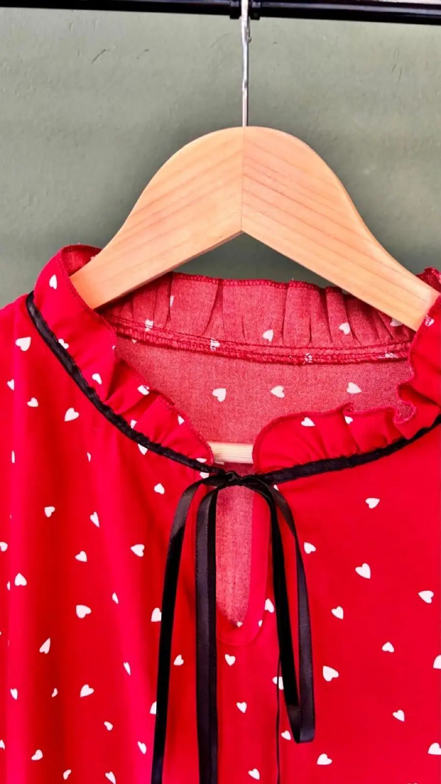Red Mini Heart Print Ruffle Neck Tie Blouse Shein M