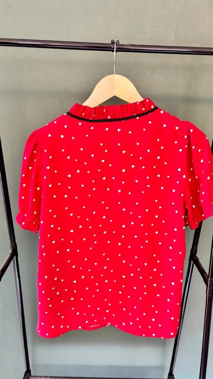 Red Mini Heart Print Ruffle Neck Tie Blouse Shein M