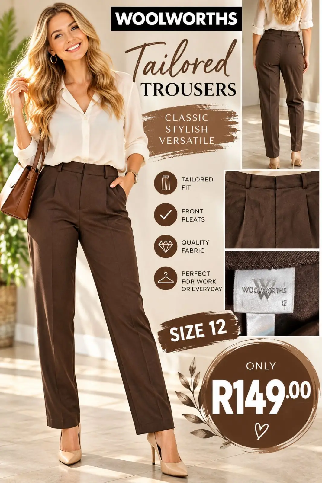 Woolworths Brown Tailored Trousers Size 12