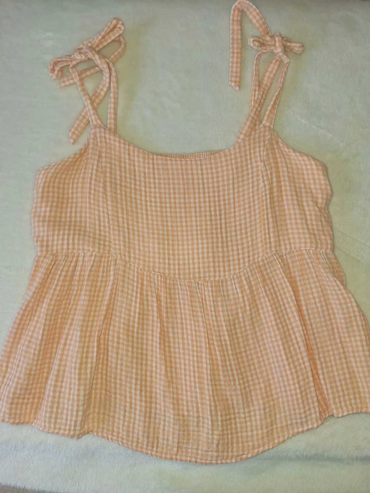 NYC Yellow Gingham Tie-Shoulder Peplum Cami Top