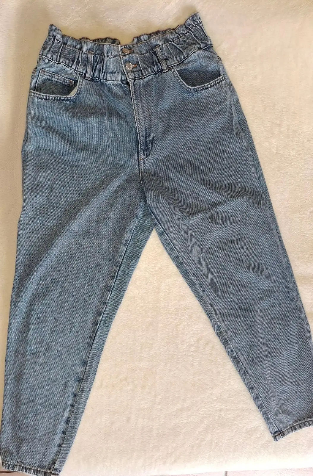 High-Waisted Elastic Paperbag Mom Jeans Size 32
