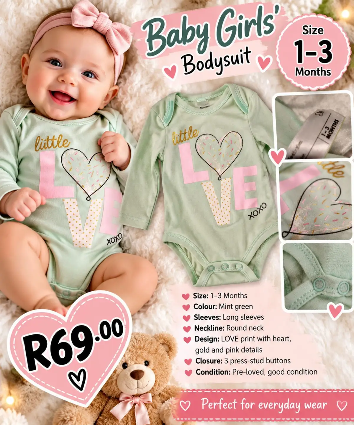 Woolworths Mint Green Love Bodysuit 1-3 Months